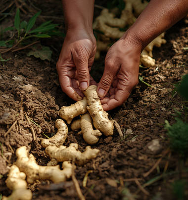 Hands harvesting ginger roots from the soil